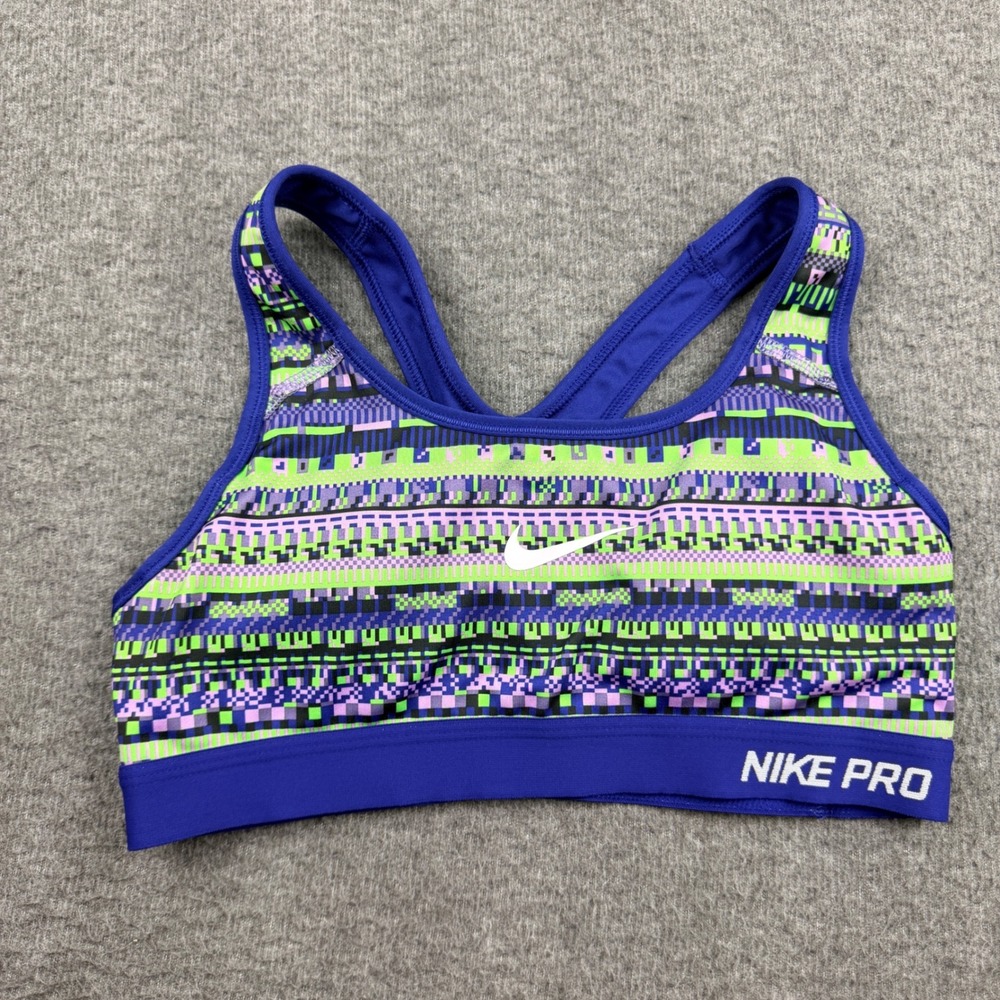 Nike Pro Dri-FIT Sports Bra Women's Small Purple Green Geometric Pixel Print